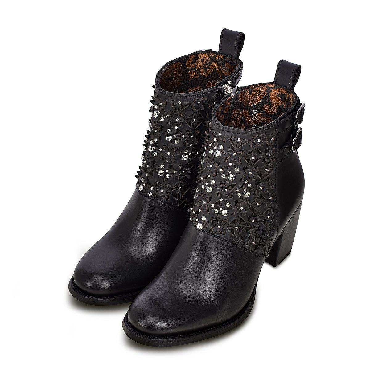 Cuadra Ladies Black Lazer Bovine Leather Bootie with Authentic Crystals