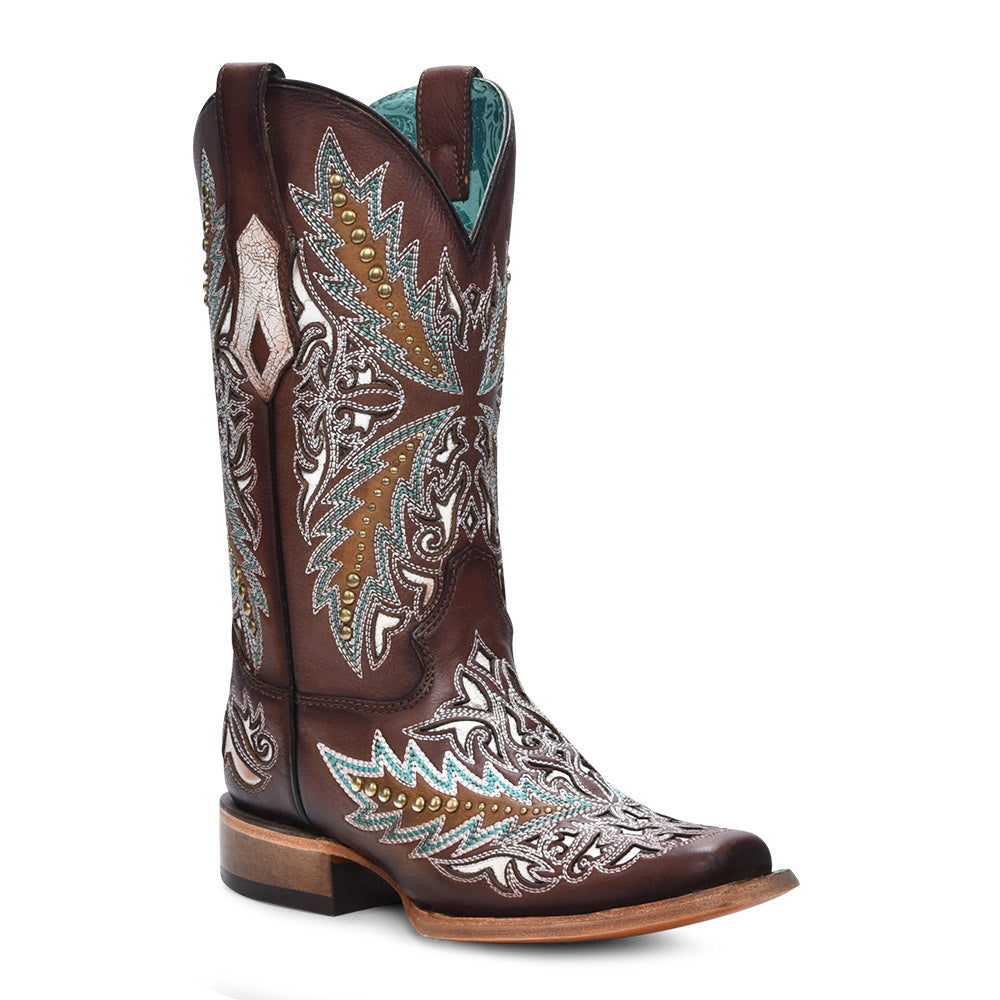 Corral Brown Inlay Boot with Embroidery & Studs