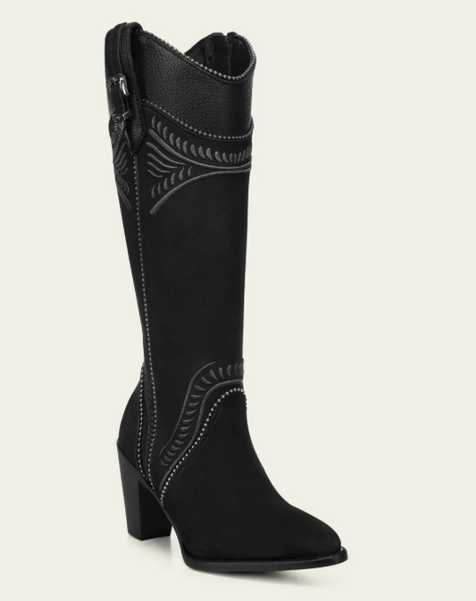 Cuadra Ladies Black Knee-High Embroidered Leather Boot