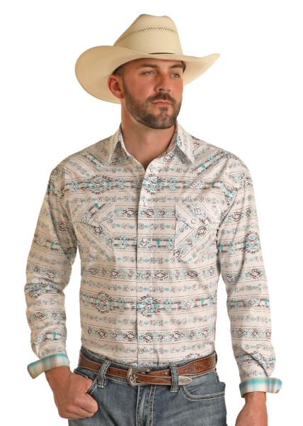 Panhandle Mens Slim White Camel Snap Shirt