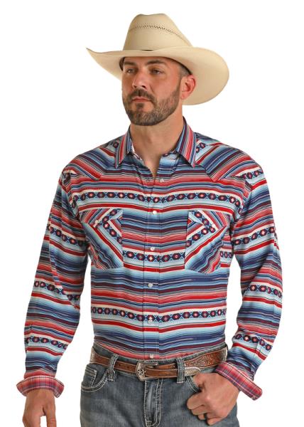 Panhandle Mens Slim Red, White And Blue Snap Shirt